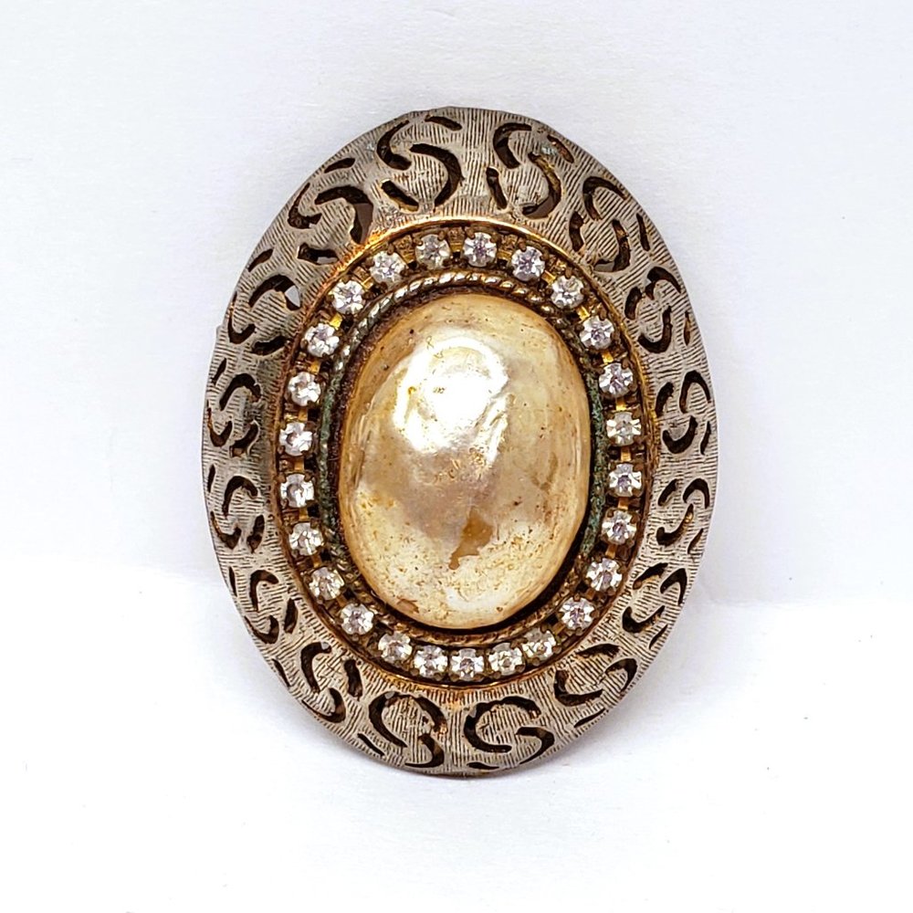 Vintage HAR Faux Pearl Domed Brooch Rhinestone Nacre 1950-60s Costume Jewelry 2"